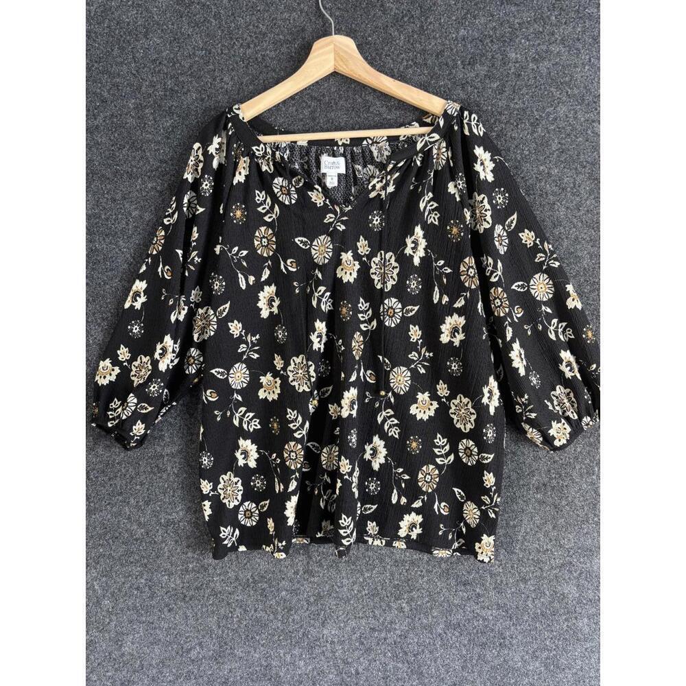 Croft & Barrow Blouse Women 1X Plus Black Floral V-Neck Tasseled 3/4 Sleeve